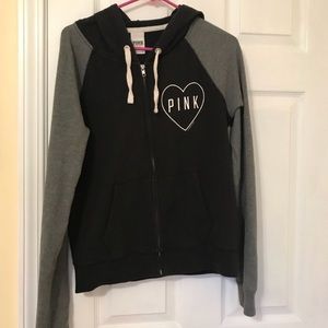 Black grey hooded Victoria’s Secret sweatshirt.